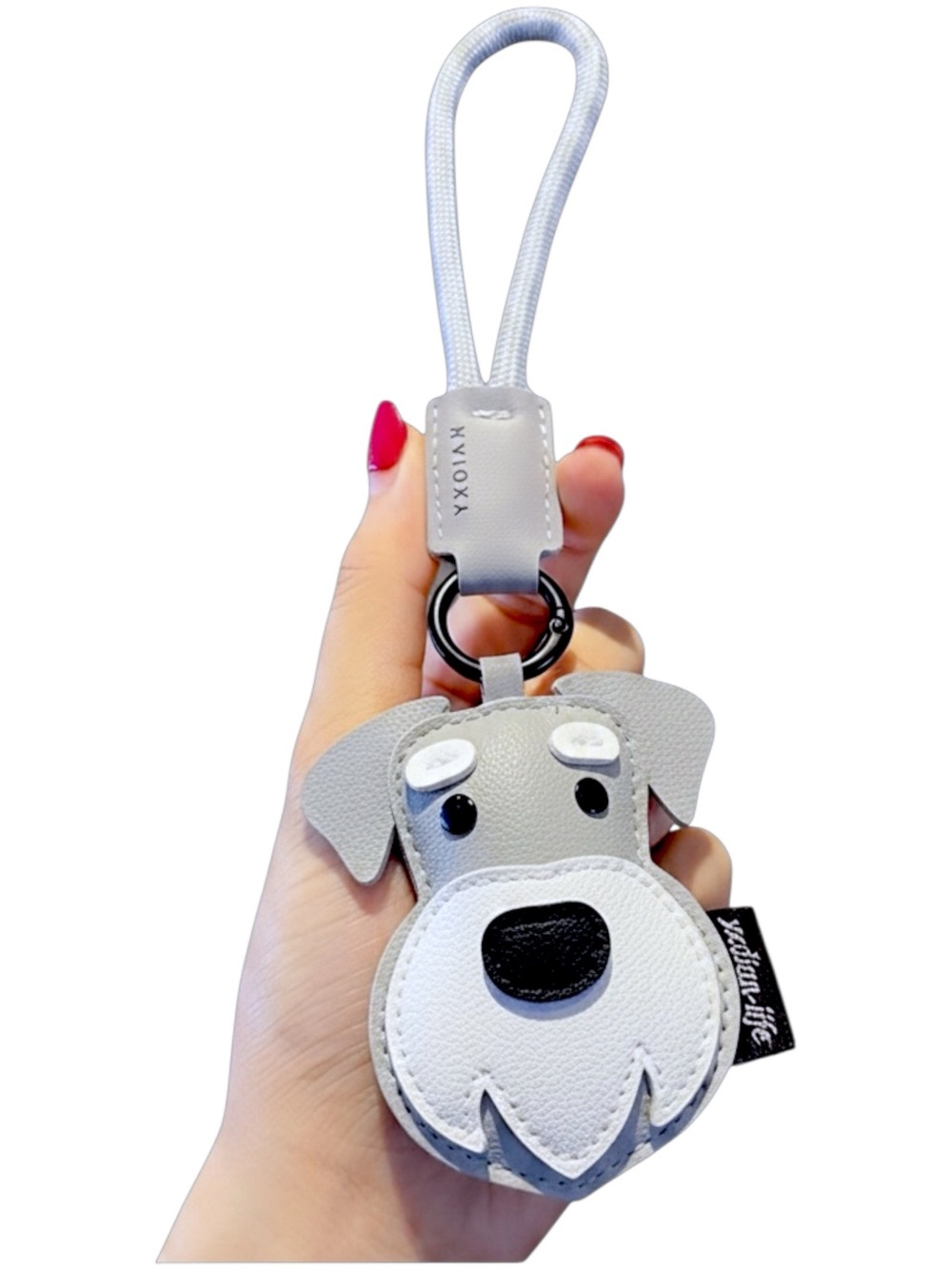 YDIAN-LIFE Gray & White Schnauzer Face Keychain / Bag Charm in PU Leather - NEW